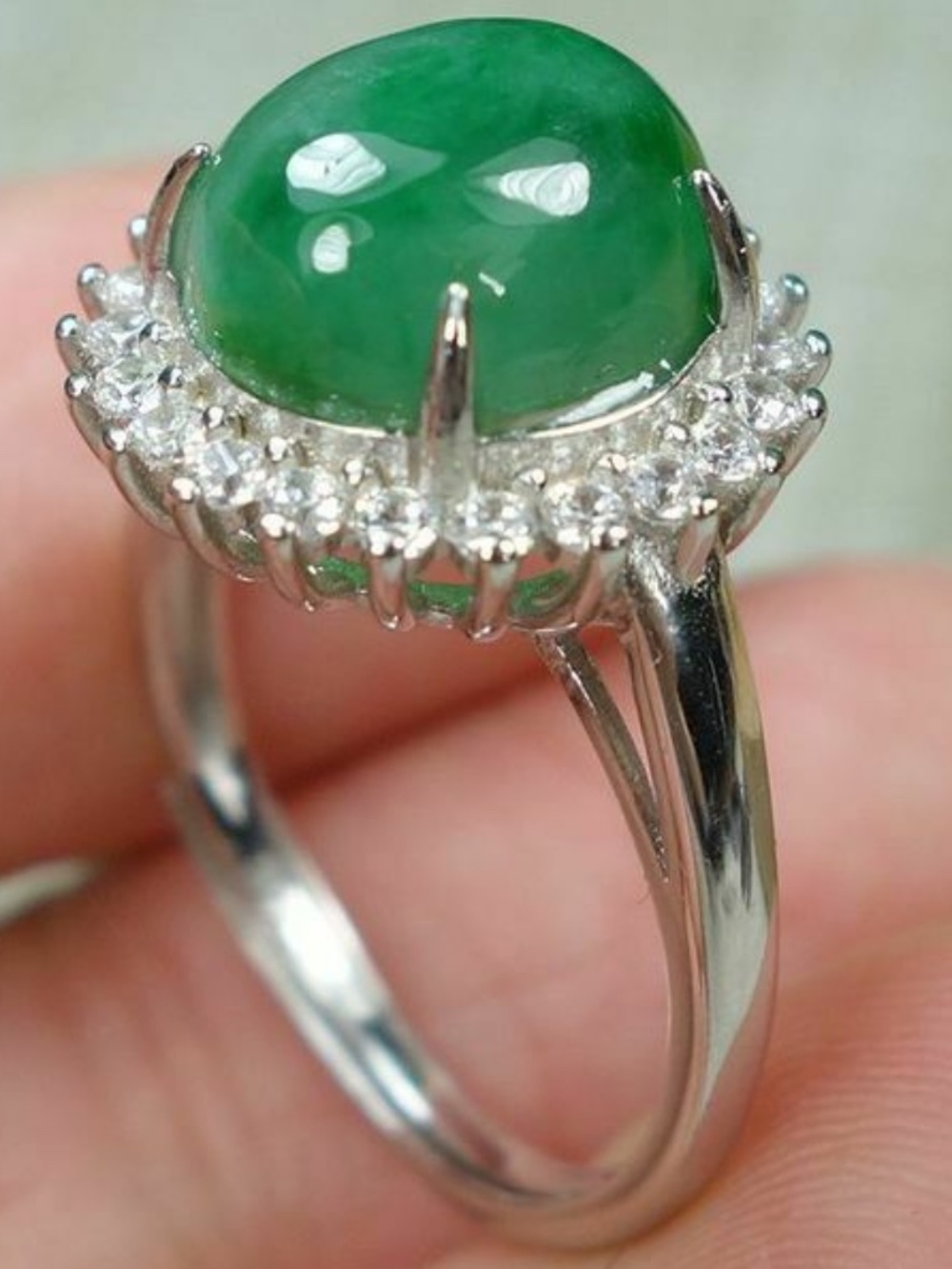 Certified Green 100% Natural A jadeite jade Ring S925 silver 戒指（Free Size）